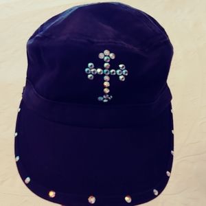 EUC black hat with rhinstone cross and trim